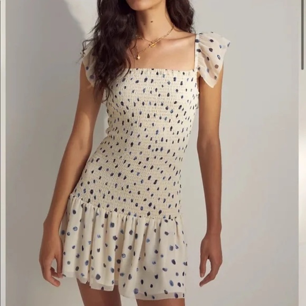 Wilfred Artizia Smocked Ivory Dress Eldorado blue ivory mini ruffles dot‎